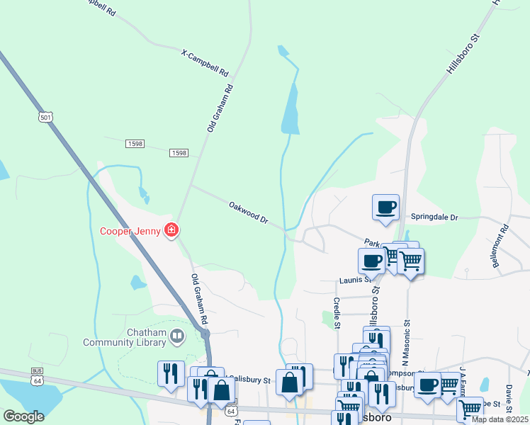 map of restaurants, bars, coffee shops, grocery stores, and more near 265 Oakwood Drive in Pittsboro