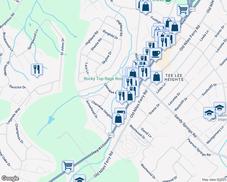 map of restaurants, bars, coffee shops, grocery stores, and more near 1822 Smokemont Circle in Maryville