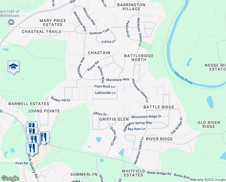 map of restaurants, bars, coffee shops, grocery stores, and more near 6853 Lakinsville Lane in Raleigh