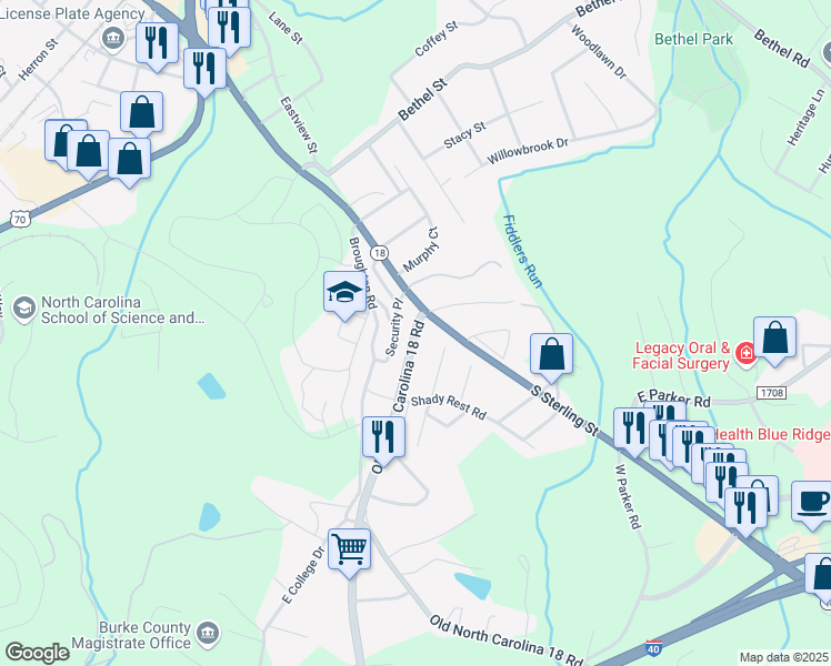 map of restaurants, bars, coffee shops, grocery stores, and more near 126 Old North Carolina 18 in Morganton