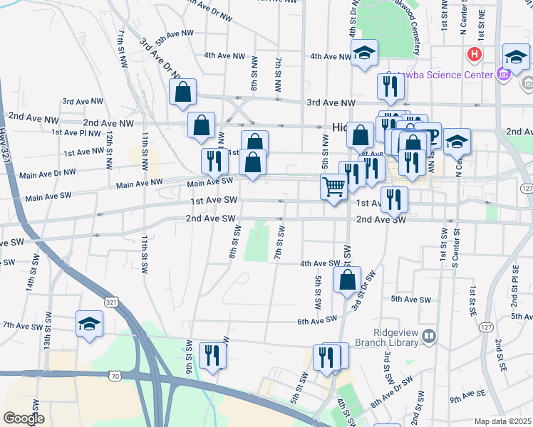 map of restaurants, bars, coffee shops, grocery stores, and more near 730 2nd Avenue Southwest in Hickory