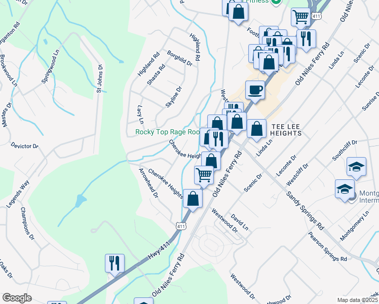 map of restaurants, bars, coffee shops, grocery stores, and more near 1822 Smokemont Circle in Maryville
