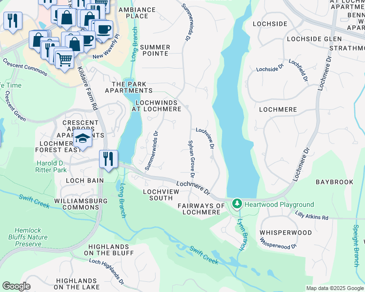 map of restaurants, bars, coffee shops, grocery stores, and more near 102 Echowood Lane in Cary