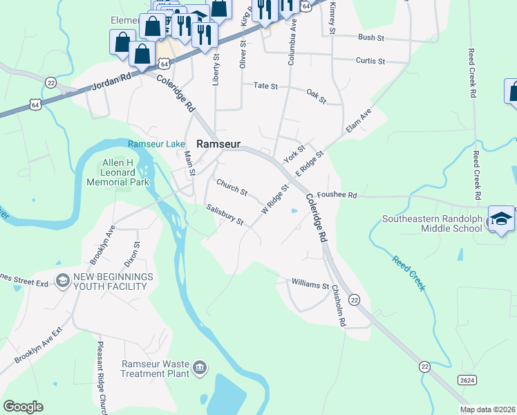 map of restaurants, bars, coffee shops, grocery stores, and more near 1381 West Ridge Street in Ramseur