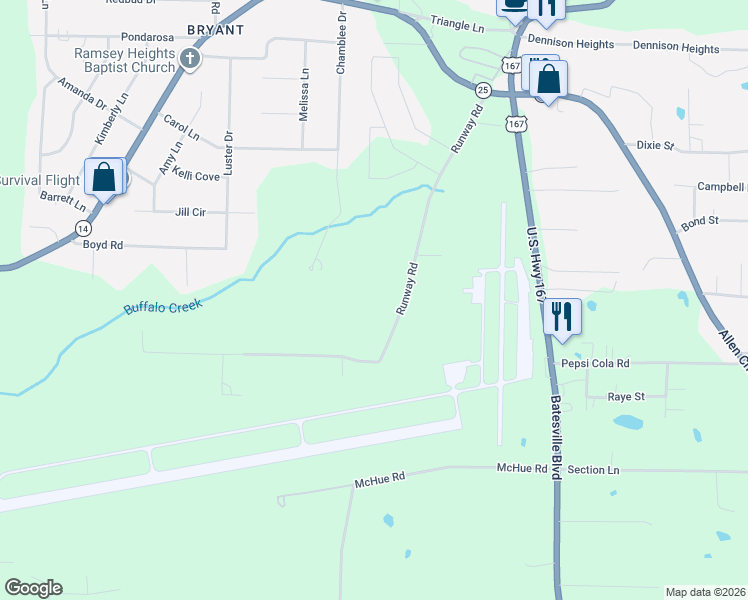 map of restaurants, bars, coffee shops, grocery stores, and more near 495 Runway Road in Batesville