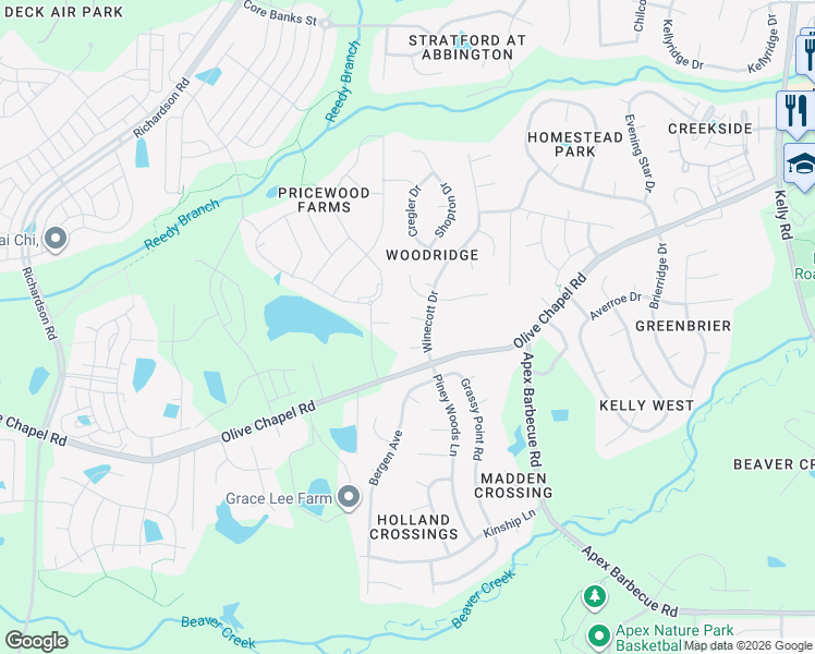 map of restaurants, bars, coffee shops, grocery stores, and more near 1003 Tamora Court in Apex