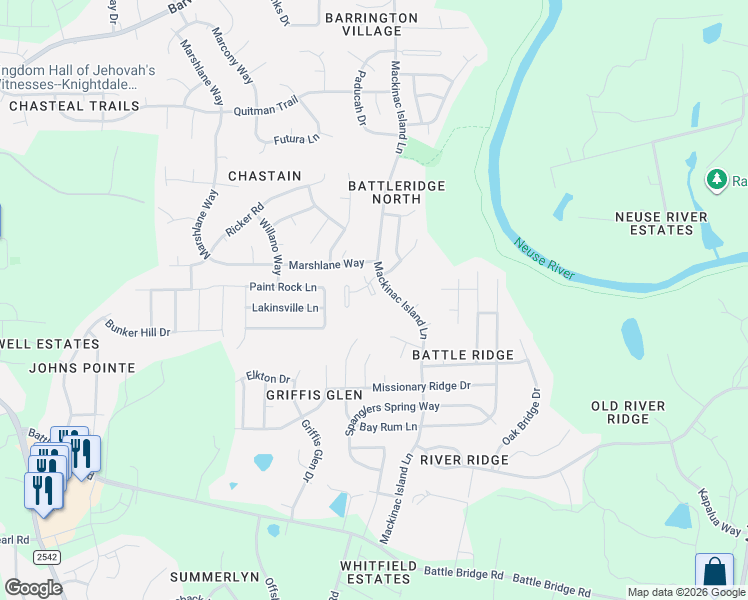 map of restaurants, bars, coffee shops, grocery stores, and more near 3524 Mackinac Island Lane in Raleigh