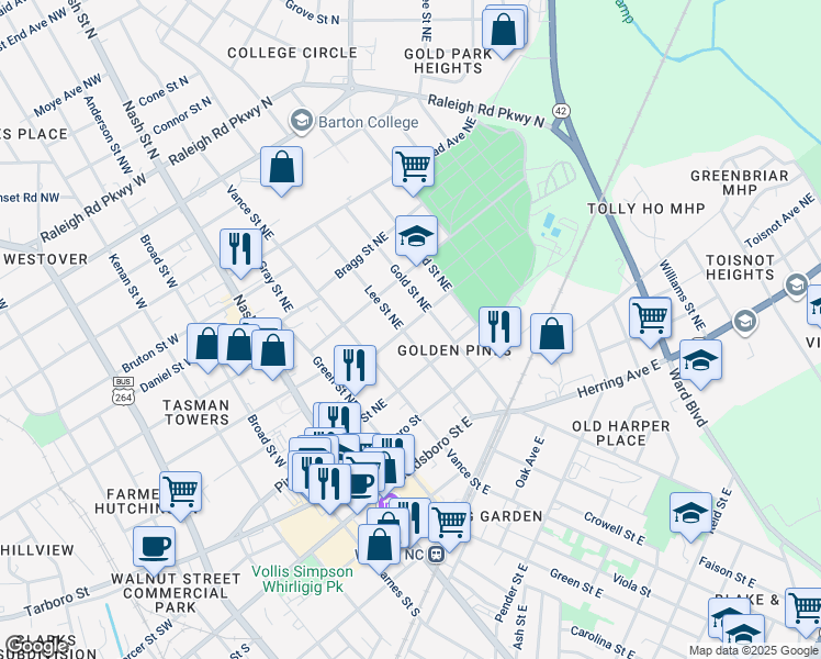 map of restaurants, bars, coffee shops, grocery stores, and more near 208 Lee St NE in Wilson