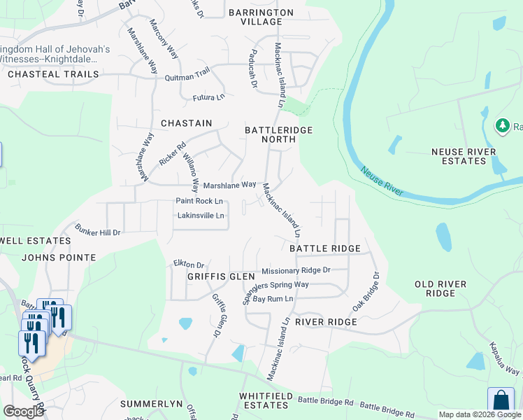 map of restaurants, bars, coffee shops, grocery stores, and more near 3524 Mackinac Island Lane in Raleigh