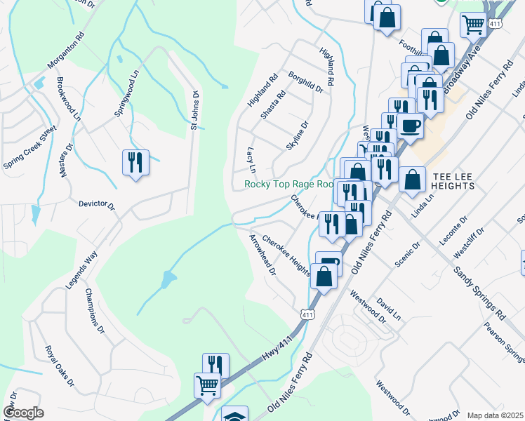 map of restaurants, bars, coffee shops, grocery stores, and more near 310 Arrowhead Drive in Maryville