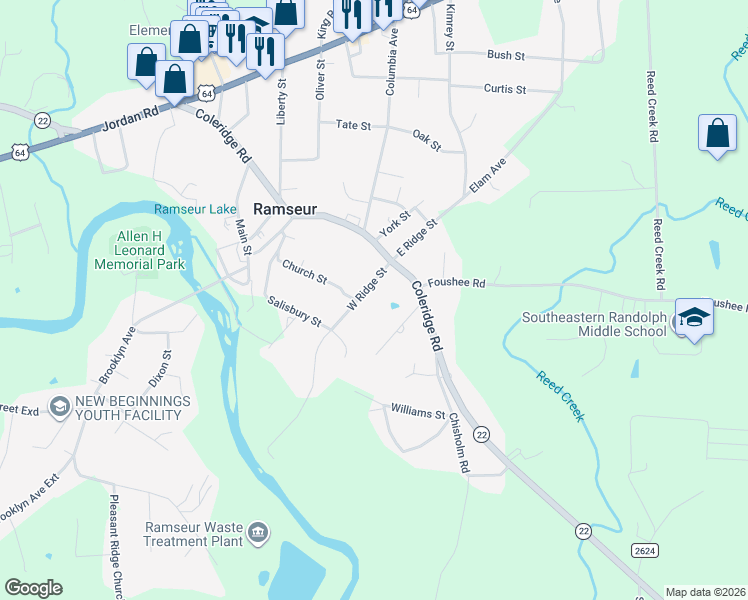 map of restaurants, bars, coffee shops, grocery stores, and more near 1317W West Ridge Street in Ramseur