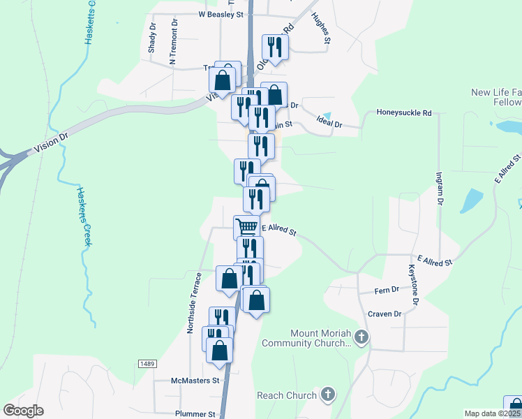 map of restaurants, bars, coffee shops, grocery stores, and more near 1338 North Fayetteville Street in Asheboro