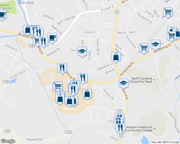 map of restaurants, bars, coffee shops, grocery stores, and more near 242 Falls Street in Morganton