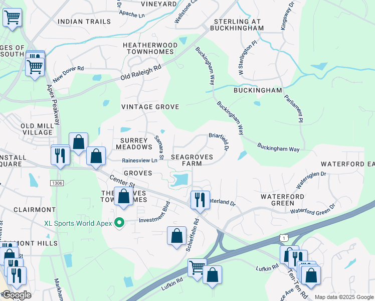 map of restaurants, bars, coffee shops, grocery stores, and more near 341 Briarfield Drive in Apex