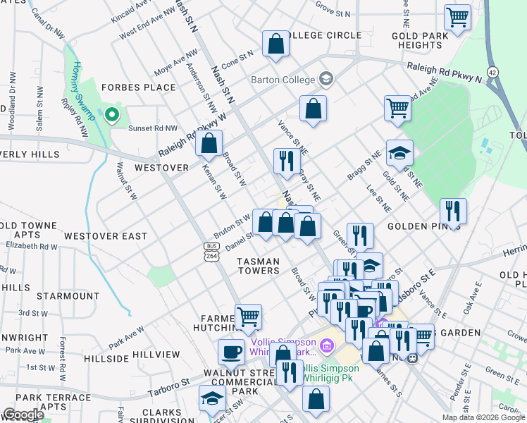 map of restaurants, bars, coffee shops, grocery stores, and more near 506 Broad Street West in Wilson