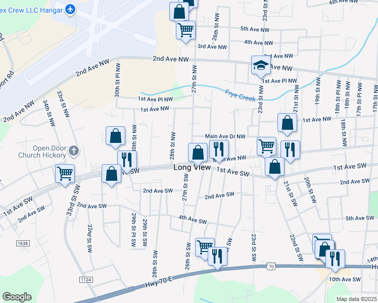 map of restaurants, bars, coffee shops, grocery stores, and more near 19 27th Street Northwest in Hickory