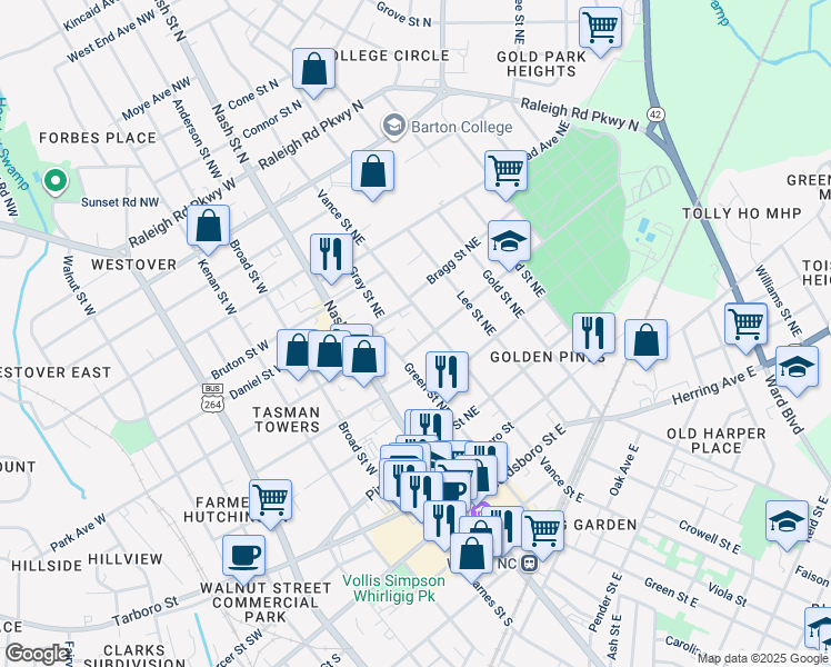 map of restaurants, bars, coffee shops, grocery stores, and more near 310 Green St NE in Wilson