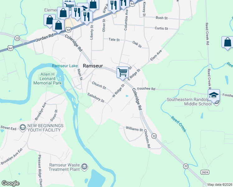 map of restaurants, bars, coffee shops, grocery stores, and more near 1381 West Ridge Street in Ramseur