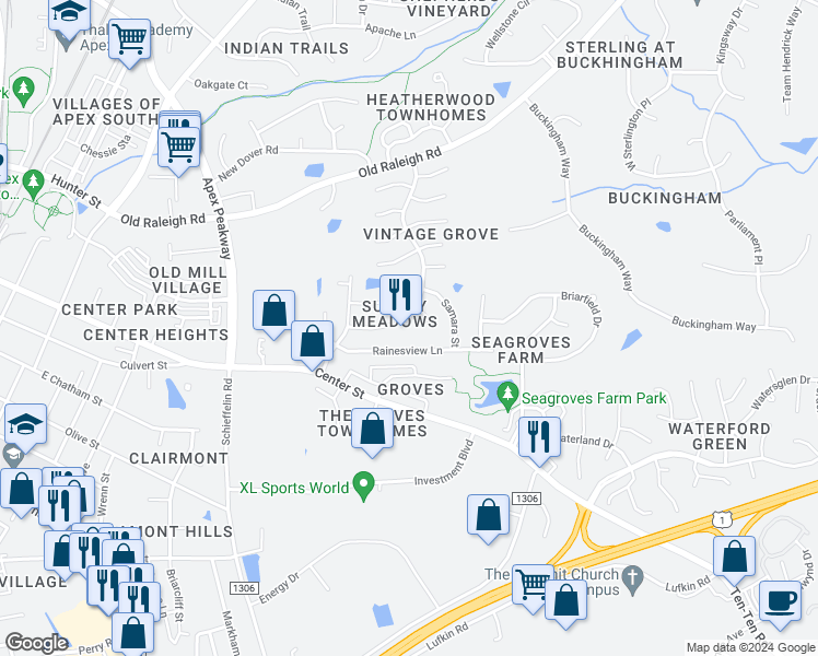 map of restaurants, bars, coffee shops, grocery stores, and more near 506 Vintage Grove Lane in Apex