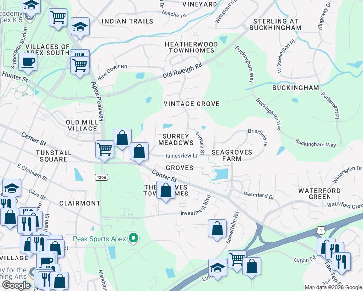 map of restaurants, bars, coffee shops, grocery stores, and more near 506 Vintage Grove Lane in Apex
