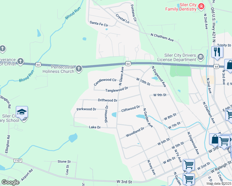 map of restaurants, bars, coffee shops, grocery stores, and more near 901 Tanglewood Drive in Siler City