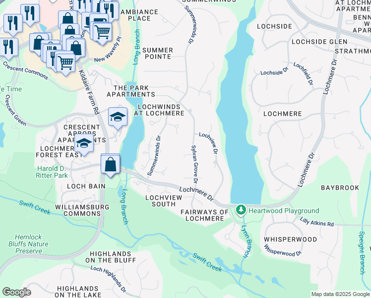 map of restaurants, bars, coffee shops, grocery stores, and more near 102 Echowood Lane in Cary