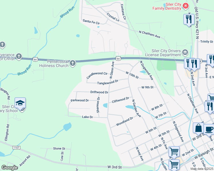 map of restaurants, bars, coffee shops, grocery stores, and more near 901 Tanglewood Drive in Siler City