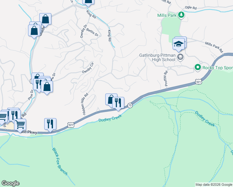 map of restaurants, bars, coffee shops, grocery stores, and more near 1704 Hidden Hills Road in Gatlinburg