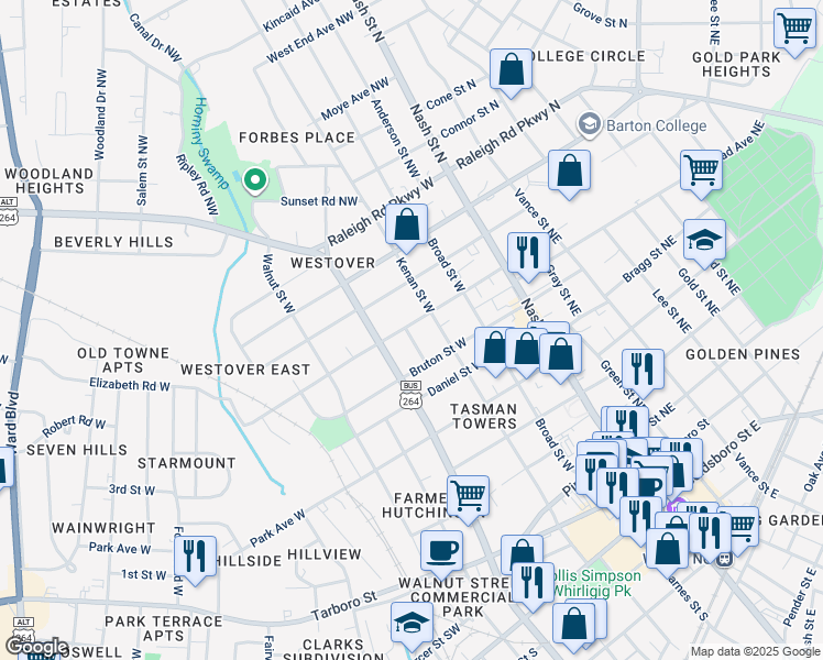 map of restaurants, bars, coffee shops, grocery stores, and more near 305 Warren Street West in Wilson