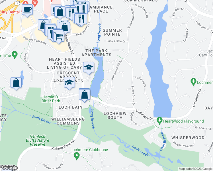 map of restaurants, bars, coffee shops, grocery stores, and more near 105 East Wind Lane in Cary