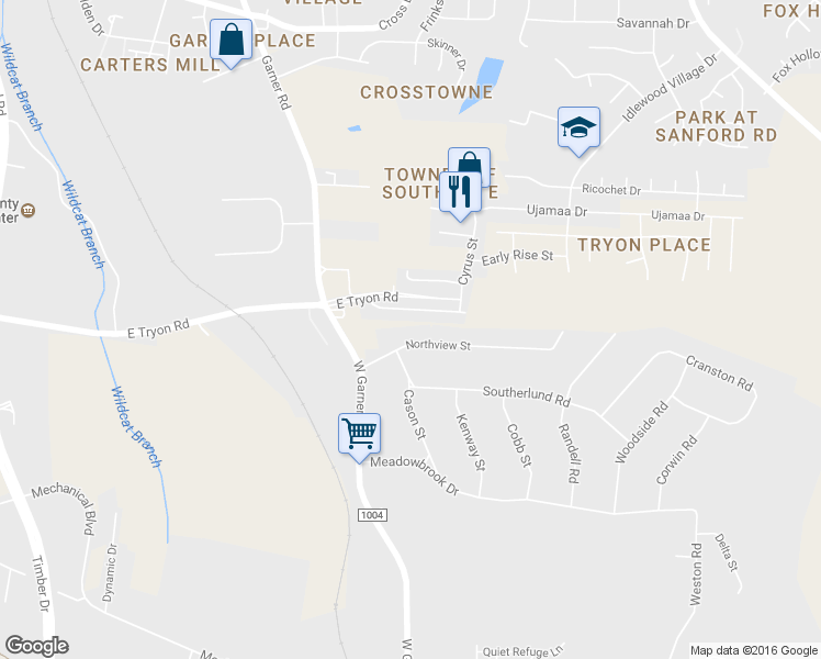 map of restaurants, bars, coffee shops, grocery stores, and more near 1009 Northview Street in Garner