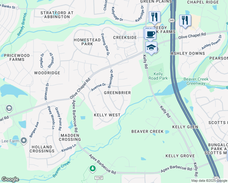 map of restaurants, bars, coffee shops, grocery stores, and more near 105 Fallon Court in Apex