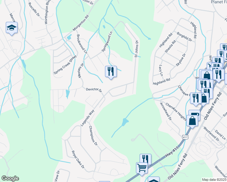 map of restaurants, bars, coffee shops, grocery stores, and more near 4410 Legends Way in Maryville