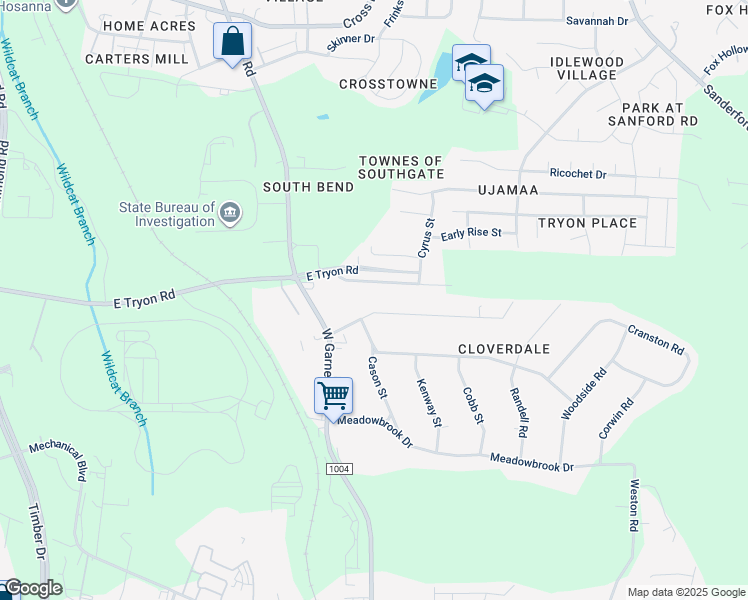 map of restaurants, bars, coffee shops, grocery stores, and more near 1009 Northview Street in Garner