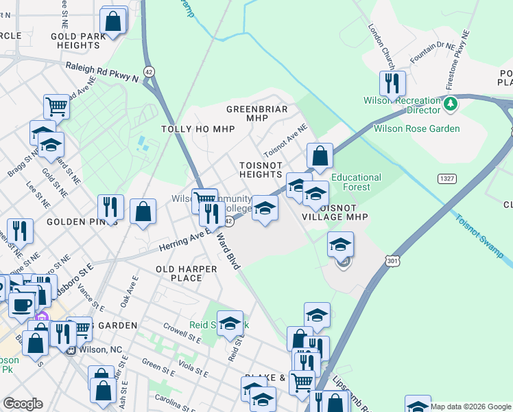 map of restaurants, bars, coffee shops, grocery stores, and more near 898 Herring Avenue East in Wilson