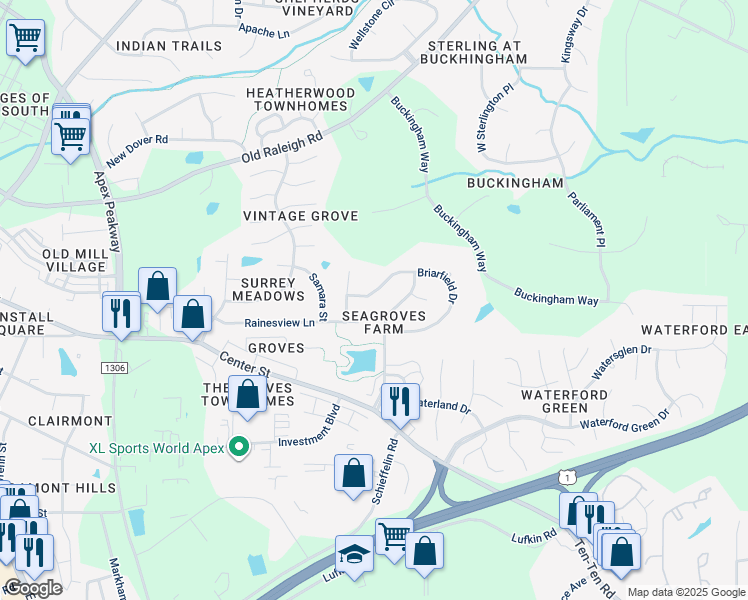 map of restaurants, bars, coffee shops, grocery stores, and more near 341 Briarfield Drive in Apex