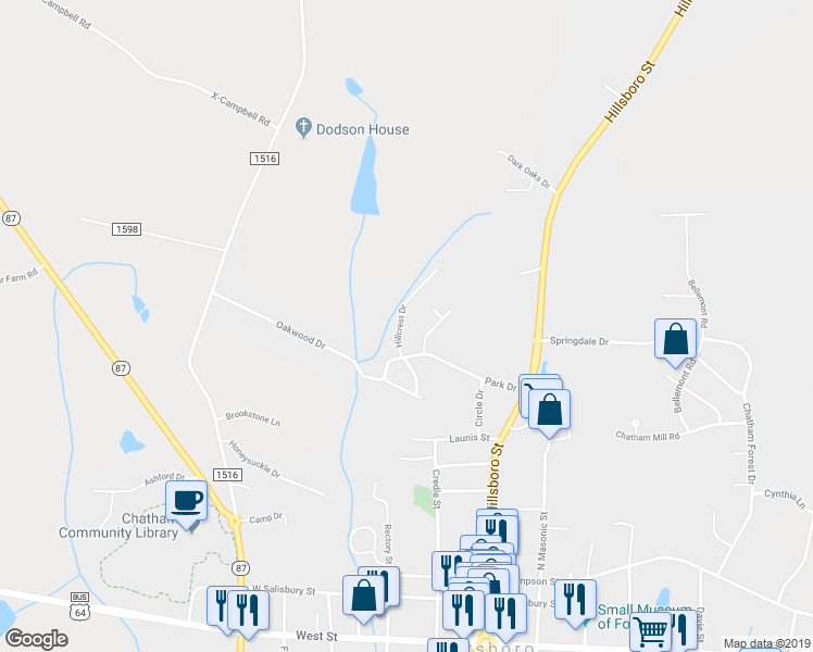map of restaurants, bars, coffee shops, grocery stores, and more near 160 Hillcrest Drive in Pittsboro