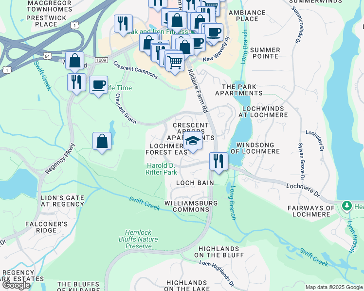 map of restaurants, bars, coffee shops, grocery stores, and more near 115 Ayelsford Drive in Cary