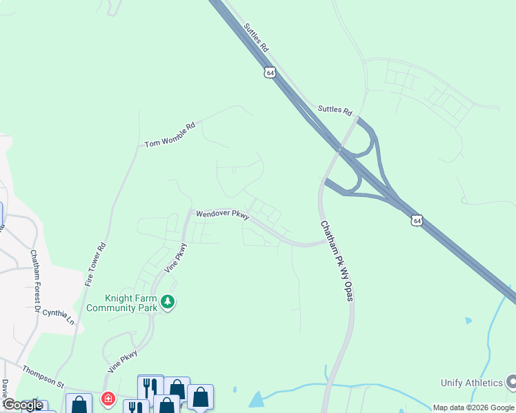 map of restaurants, bars, coffee shops, grocery stores, and more near Wendover Parkway in Pittsboro