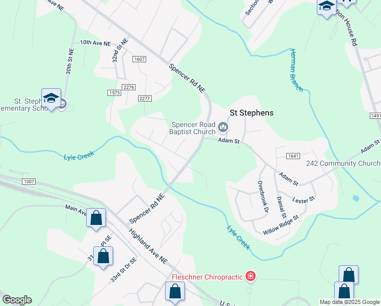 map of restaurants, bars, coffee shops, grocery stores, and more near 611 Spencer Road in Conover