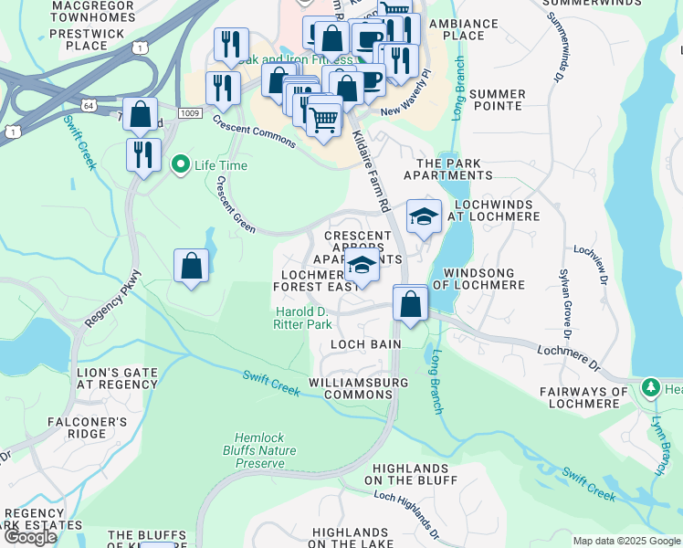 map of restaurants, bars, coffee shops, grocery stores, and more near 115 Ayelsford Drive in Cary