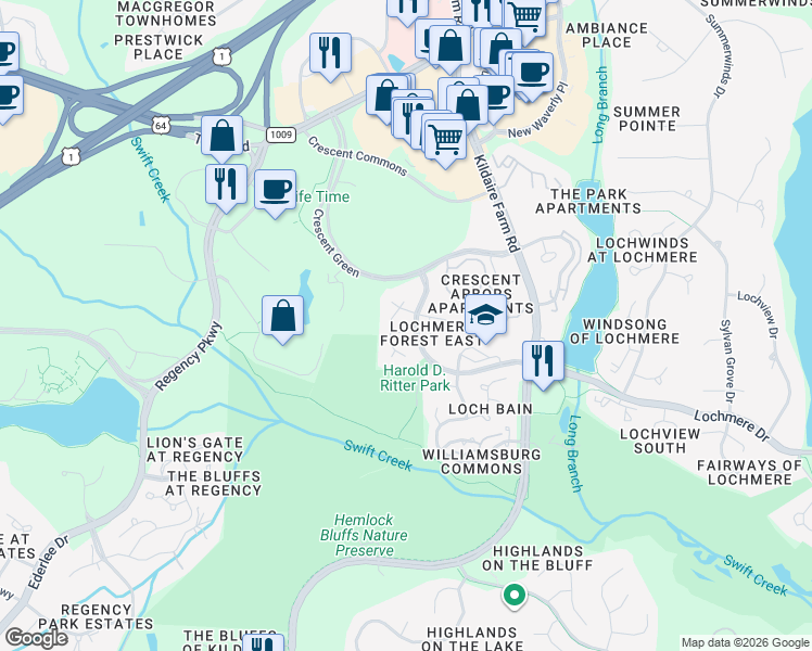 map of restaurants, bars, coffee shops, grocery stores, and more near 106 Musgrove Circle in Cary