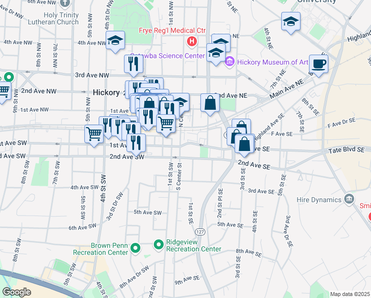 map of restaurants, bars, coffee shops, grocery stores, and more near 105 South Center Street in Hickory