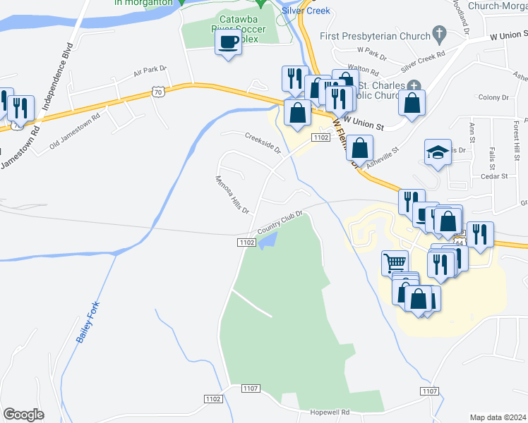 map of restaurants, bars, coffee shops, grocery stores, and more near 315 Golf Course Road in Morganton