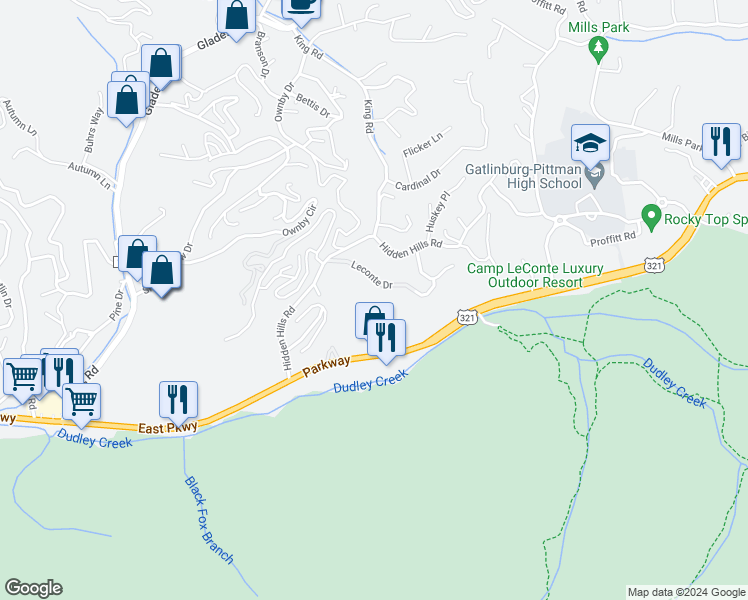 map of restaurants, bars, coffee shops, grocery stores, and more near 1704 Hidden Hills Road in Gatlinburg