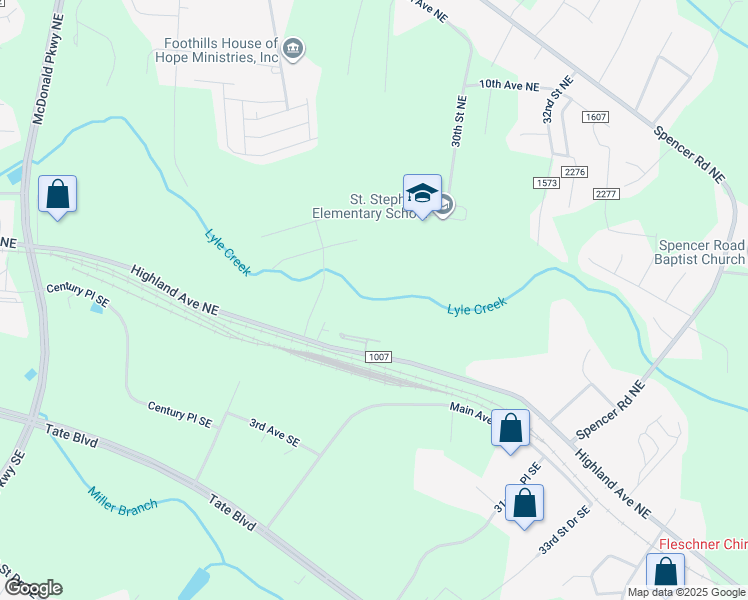 map of restaurants, bars, coffee shops, grocery stores, and more near 2875 Highland Avenue Northeast in Hickory