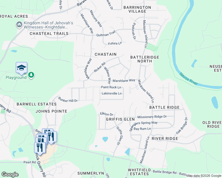 map of restaurants, bars, coffee shops, grocery stores, and more near 6824 Lakinsville Lane in Raleigh