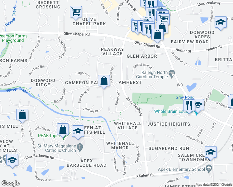 map of restaurants, bars, coffee shops, grocery stores, and more near 1048 Torrence Drive in Apex