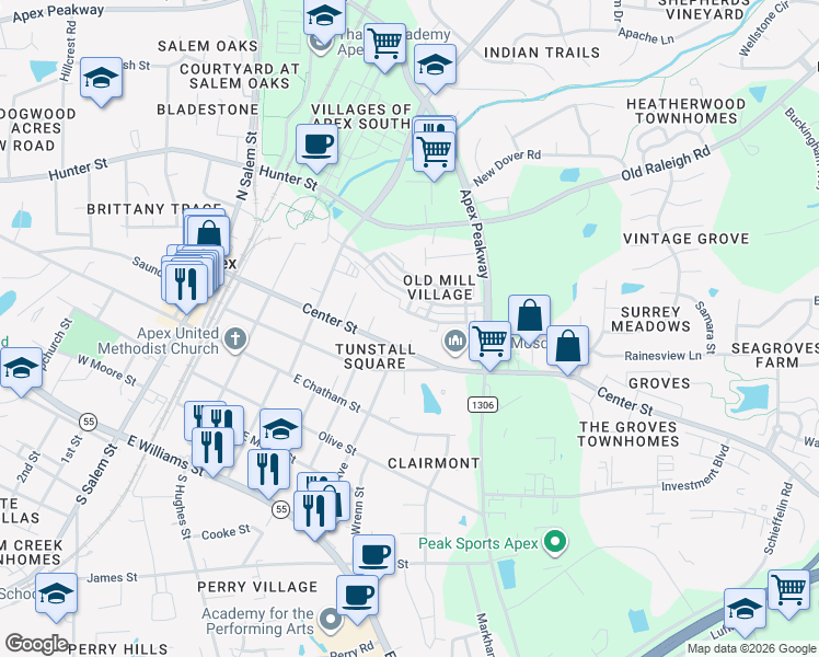 map of restaurants, bars, coffee shops, grocery stores, and more near 311 Center Heights Court in Apex