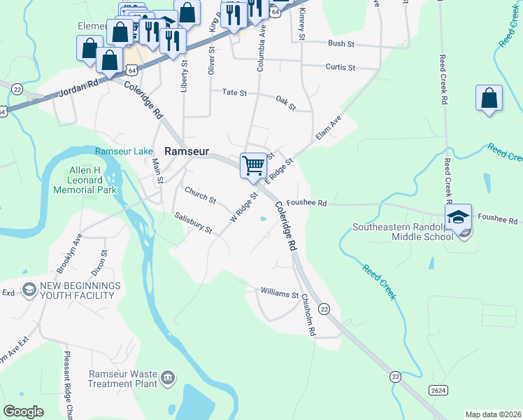 map of restaurants, bars, coffee shops, grocery stores, and more near 1317W West Ridge Street in Ramseur